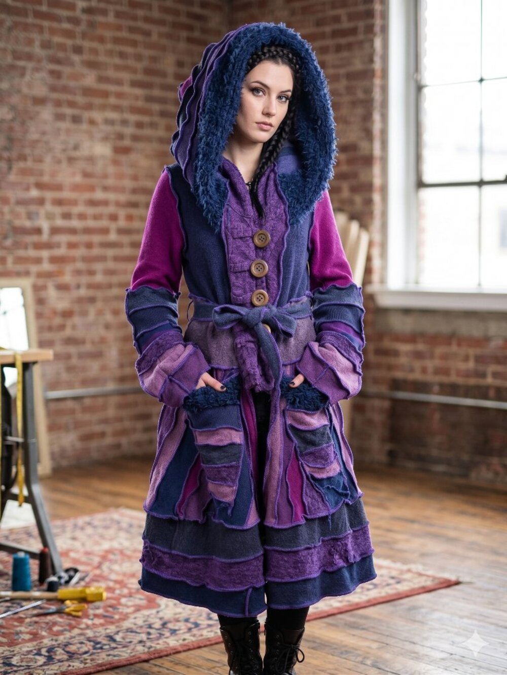 One-of-a-Kind Purple Patchwork Sweater Coat - XL
